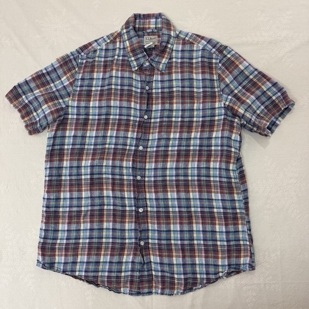 L.L.Bean Shirt Mens Large 100% Linen Plaid Short Sleeve Slightly Fitted 501962